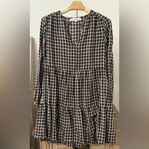 Loft Navy and Gold Shimmer Plaid Dress- Size XS